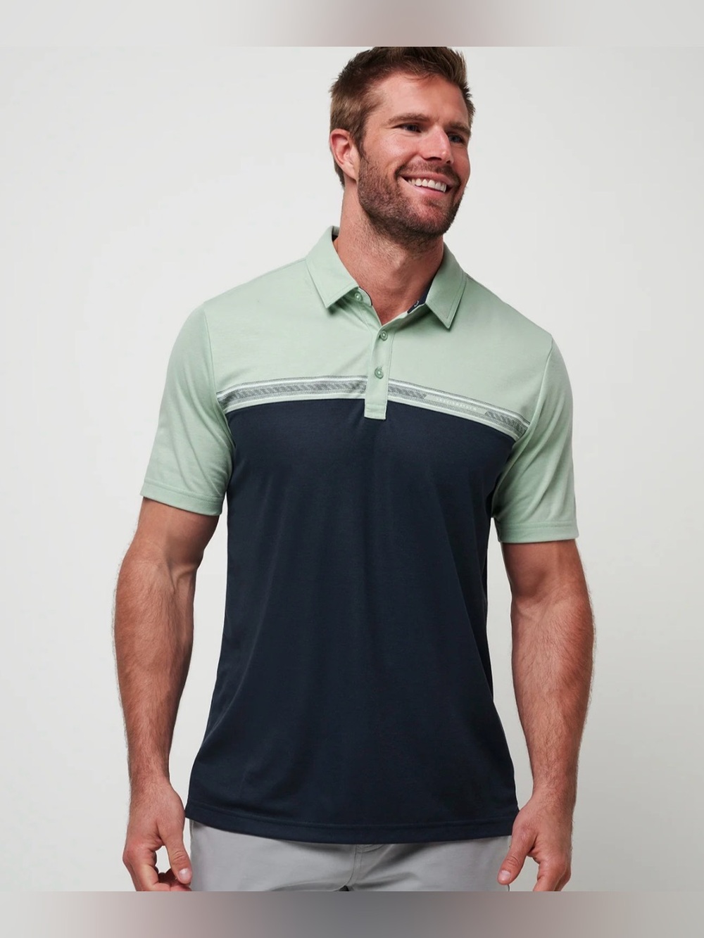 TravisMathew Performance Polo Men’s Golf Shirt Sage Green Navy Size L